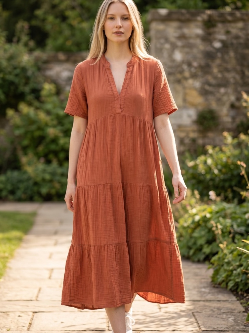 Anthropologie Tiered Maxi Dress in Rust Orange